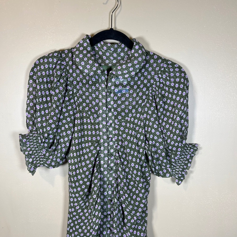 Anthropologie Green Purple Floral Sunburst Puff Sleeve Maxi Dress Size 0 - Picture 3 of 12